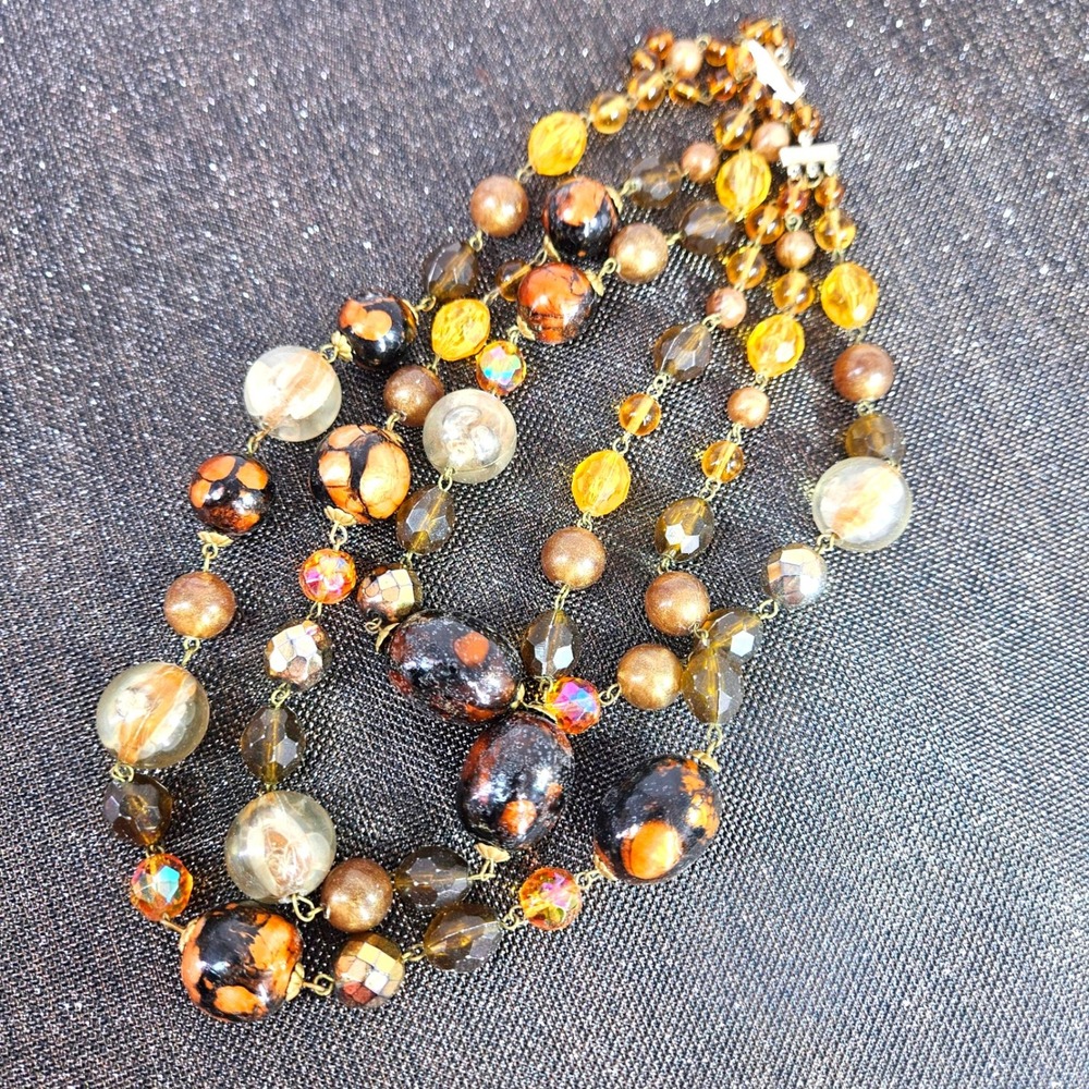 Vintage Multi Strand Beaded Statement Necklace Brown Amber Gold Tone Adjustable